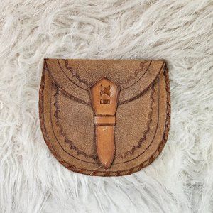 Vintage Mexican Suede Tooled Stitches Leather Coin Pouch